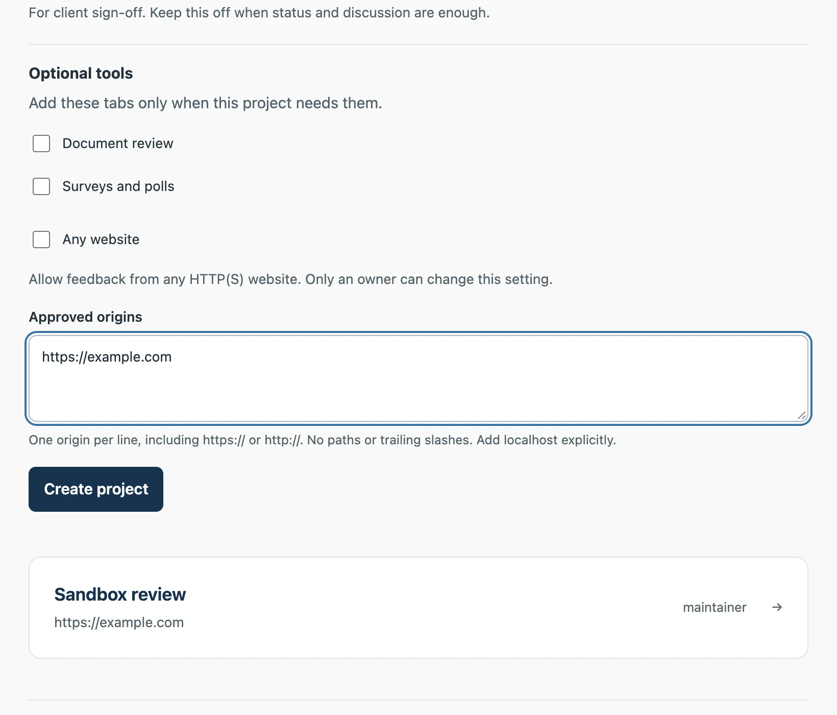 Create a project with its approved website address.