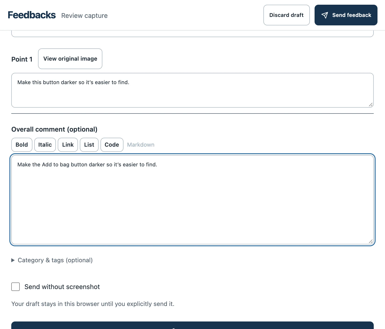 Review the notes and screenshots before sending feedback.