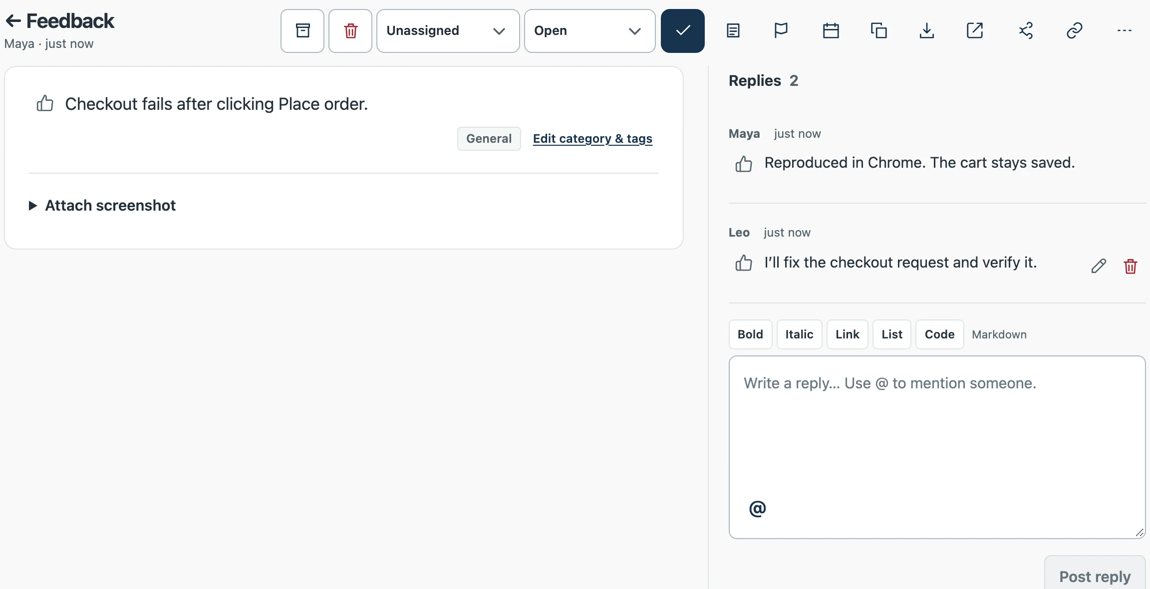 Feedbacks thread with Maya and Leo discussing a checkout fix and the Copy task for agent action.