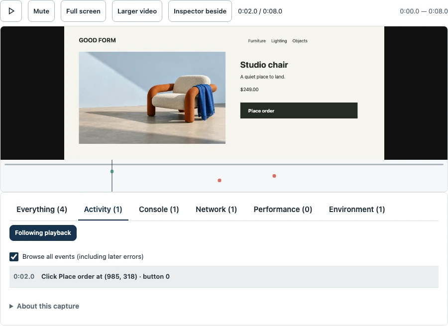 Actual Feedbacks video review with its timeline and captured activity.