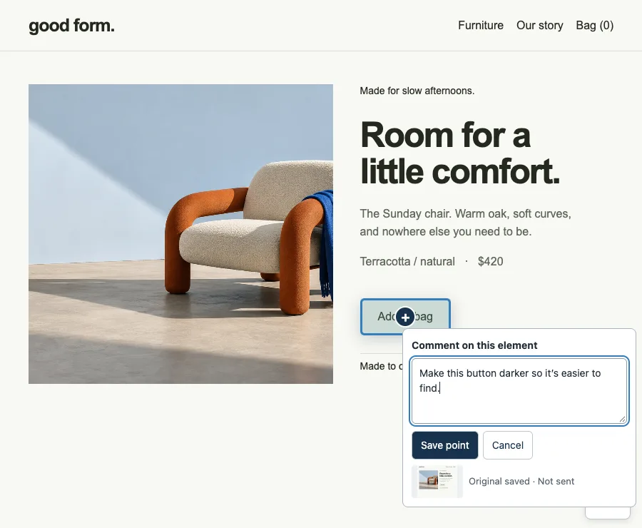 Feedbacks extension capturing a comment beside a selected button on a fictional furniture website.